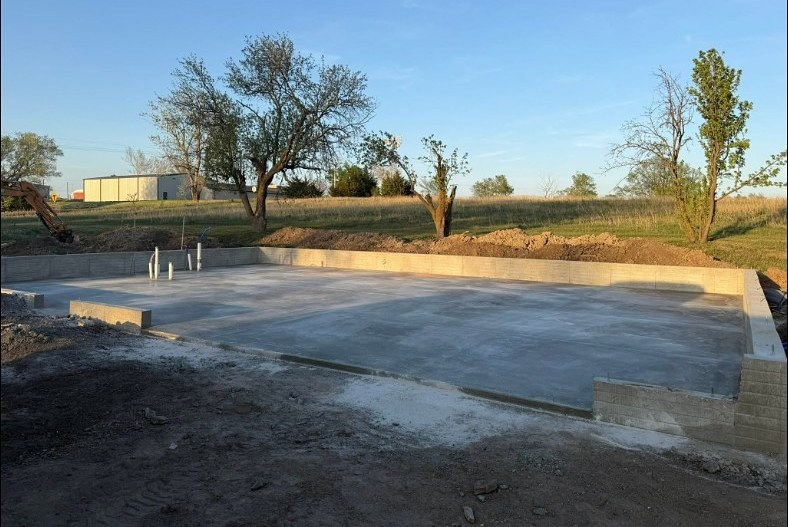 Finished concrete foundation slab poured by Twins Concrete near Lincoln, Nebraska